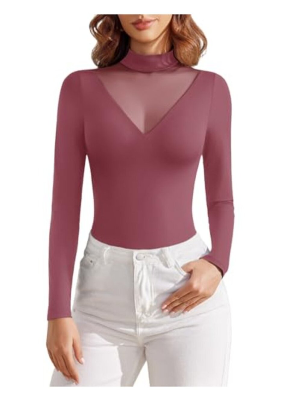 Mock Neck Long Sleeve Bodysuit Mesh Panel Snap Closure
